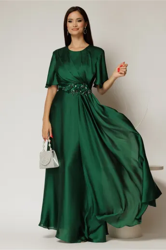 Rochie lunga verde de seara din voal  cu accesoriu in talie