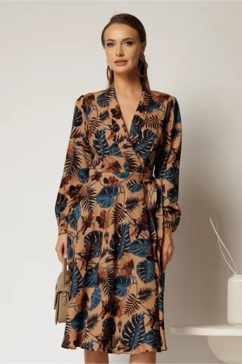 Rochie maro midi imprimeu floral tropical  cu aspect petrecut si cordon in talie