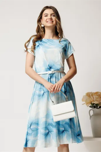 Rochie midi bleu cu imprimeu alb din lycra in clos