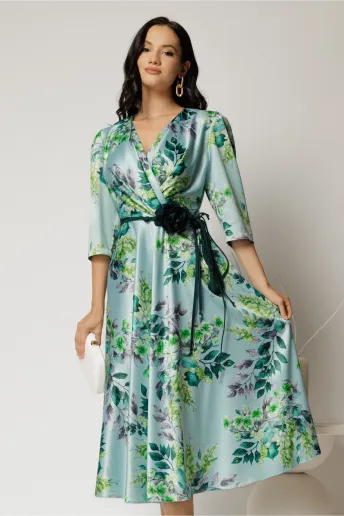 Rochie midi bleu cu imprimeu floral si cordon in contrast