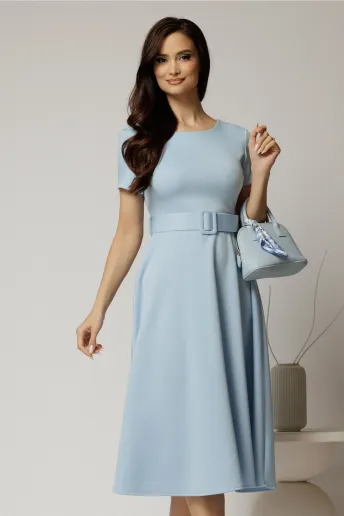 Rochie midi bleu cu maneca scurta si curea in talie cu adaos de viscoza