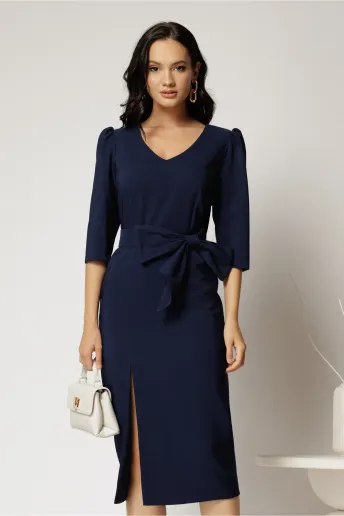 Rochie midi bleumarin conica cu slit si funda ampla detasabila pe talie