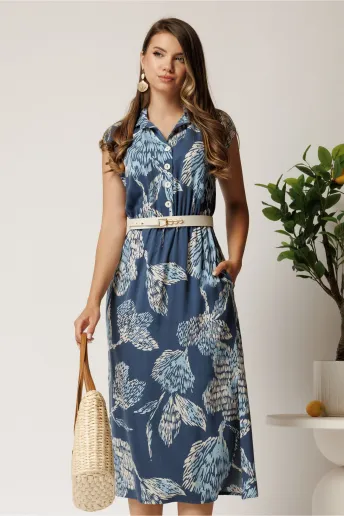 Rochie midi bleumarin cu imprimeu bleu din tencel cu elastic si curea in talie