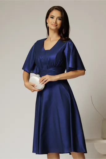 Rochie midi bleumarin de ocazie din voal cu sidef si decolteu in V