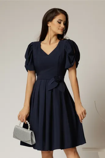 Rochie midi bleumarin din voal si cordon detasabil