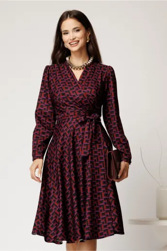 Rochie midi bordo din stofa petrecuta cu imprimeuri mov si cordon in talie