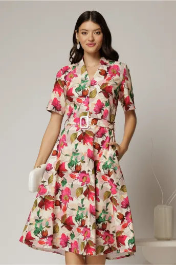 Rochie midi cu imprimeu floral in nuante de fucsia si bej