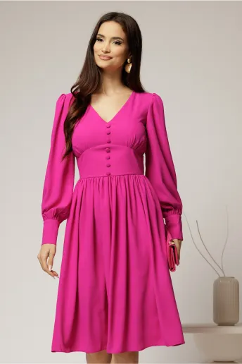 Rochie midi fucsia din voal plin cu nasturi pe bust