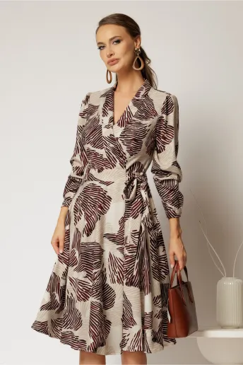 Rochie midi imprimeu abstract bordo cu aspect petrecut si cordon in talie