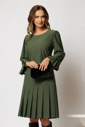 Rochie midi kaki cu croi drept si pliuri la baza fustei