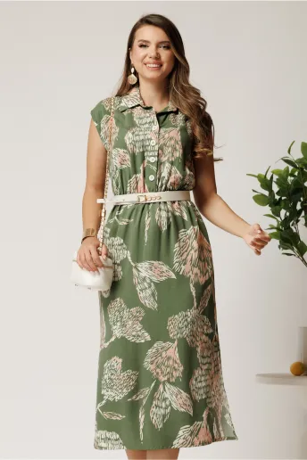 Rochie midi kaki cu imprimeu roz din tencel cu elastic si curea in talie