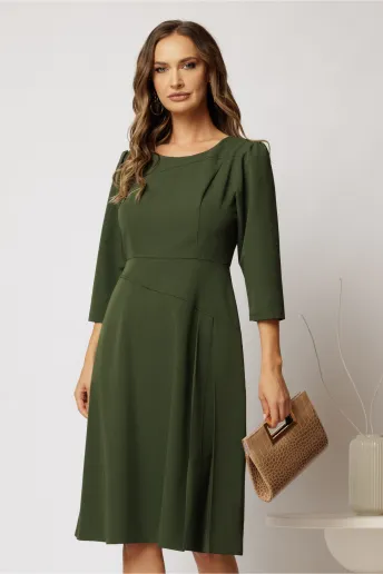 Rochie midi kaki cu pliuri pe fusta si croi evazat