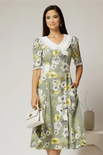 Rochie midi kaki din vascoza cu imprimeu floral si guler alb brodat