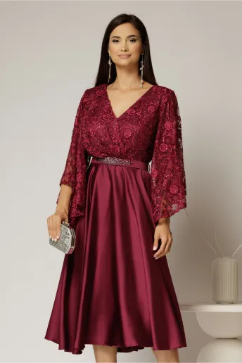 Rochie midi magenta de ocazie din satin si dantela