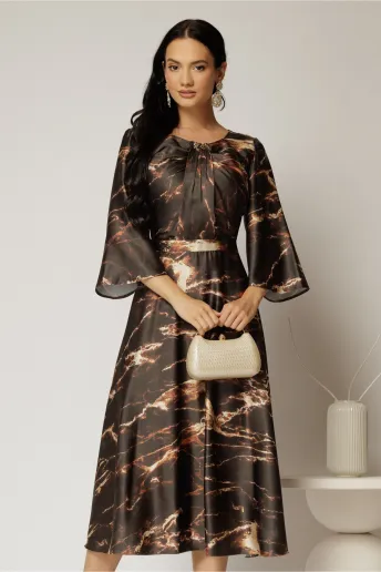 Rochie midi maro cu imprimeuri caramizii si detalii la bust