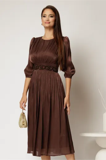 Rochie midi maro de ocazie din voal peliculizat cu cordon detasabil