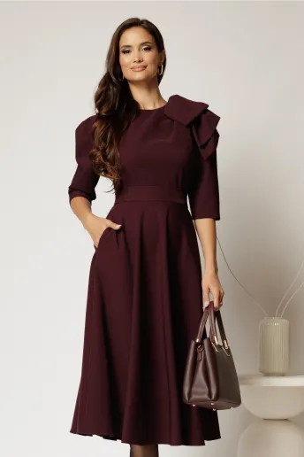 Rochie midi mov pruna clos cu funda ampla pe umar si cordon detasabil
