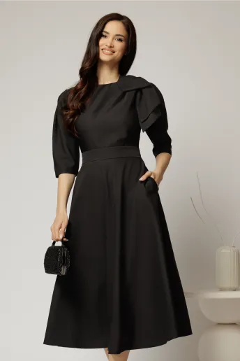 Rochie midi neagra clos cu funda ampla pe umar si cordon detasabil