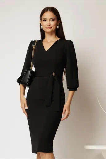 Rochie midi neagra conica din crep cu decolteu V si accesoriu in talie