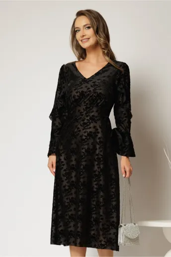 Rochie midi neagra de ocazie cu imprimeu de catifea si decolteu in V