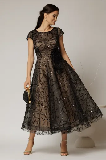 Rochie midi neagra de ocazie din dantela cu paiete si perle