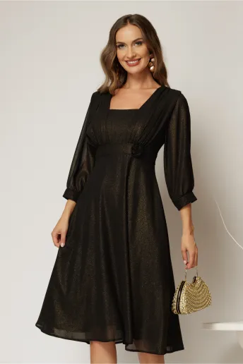 Rochie midi neagra de ocazie din voal cu pelicula