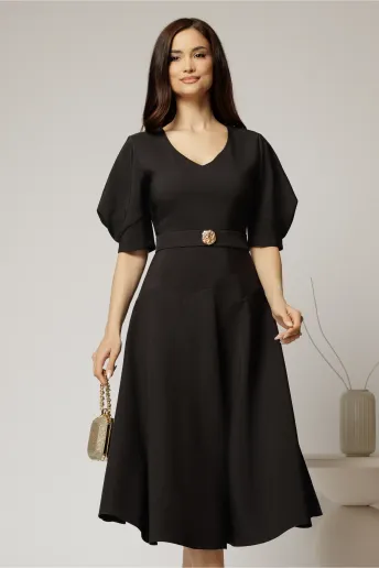 Rochie midi neagra eleganta cu fusta clos, decolteu adanc in V si maneci bufante