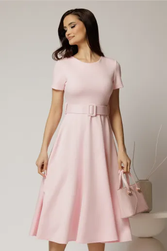 Rochie midi roz cu maneca scurta si curea in talie cu adaos de viscoza