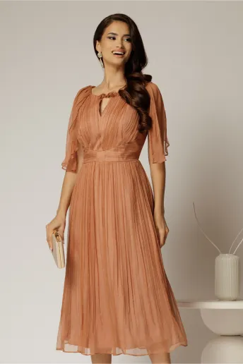 Rochie midi roz somon din matase cu detaliu floral  si decolteu V