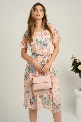 Rochie midi somon din voal cu imprimeuri floreale bleu si cordon in talie