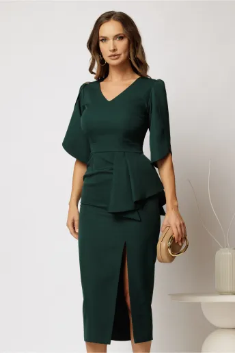 Rochie midi verde eleganta cu slit si peplum din pliuri