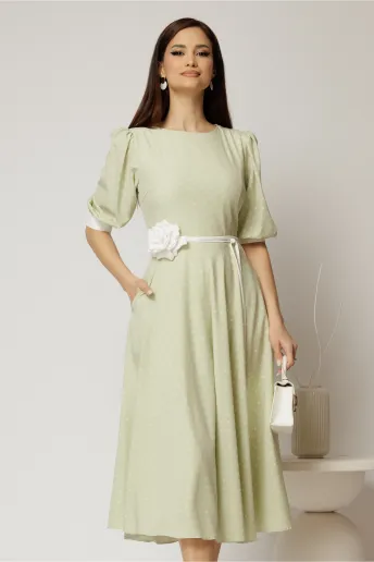 Rochie midi verde fistic cu buline si cordon detasabil in talie