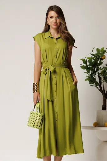 Rochie midi verde lime din viscoza cu nasturi si cordon