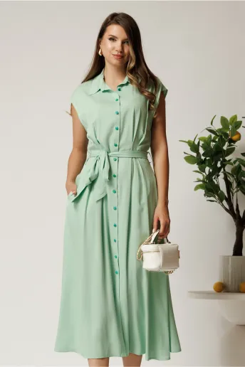 Rochie midi verde mint din viscoza cu nasturi si cordon