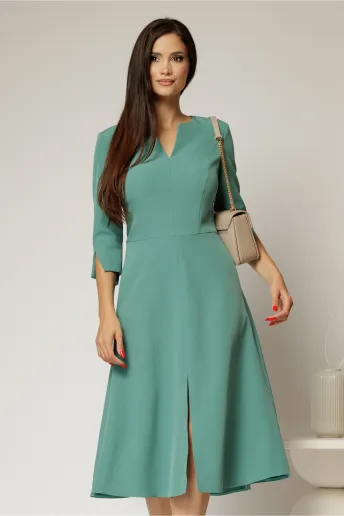 Rochie midi verde turcoaz de zi cu decolteu V si croi clos