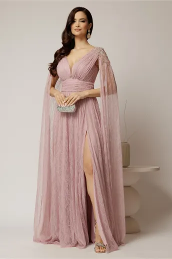 Rochie roz lunga de seara din dantela cu aplicatii pe umeri