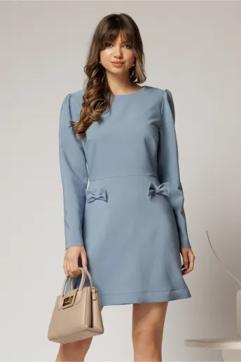 Rochie scurta bleu cu fusta tip A si fundite