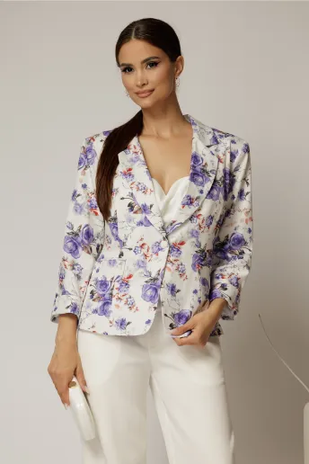 Sacou dama alb cu imprimeu floral lila