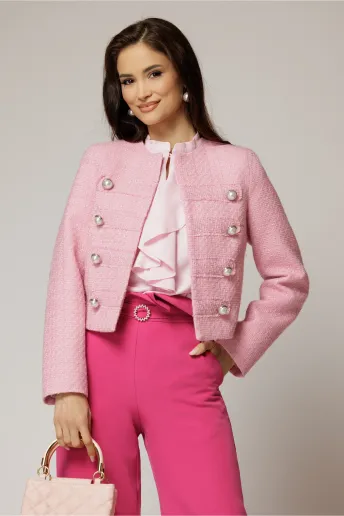 Sacou DY Fashion roz din tweed si nasturi decorativi