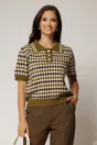 Bluza din tricot cu romburi kaki cu maneca scurta si guler, 1, dyfashion.ro