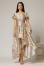 Rochie asimetrica din satin cu imprimeuri bej si decolteu petrecut, 1, dyfashion.ro