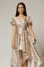 Rochie asimetrica din satin cu imprimeuri bej si decolteu petrecut, 3, dyfashion.ro