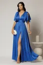 Rochie DY Fashion albastra lunga de seara cu decolteu adanc si funde ample, 1, dyfashion.ro