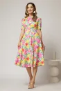 Rochie DY Fashion midi cu imprimeu roz si galben in clos din triplu voal cu nasturi la bust si curea in talie, 3, dyfashion.ro