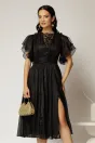 Rochie DY Fashion neagra din voal creponat si insertii de dantela la bust, 1, dyfashion.ro