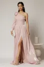 Rochie DY Fashion roz pe un umar cu detaliu floral amplu din voal peliculizat, 1, dyfashion.ro