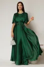 Rochie lunga verde de seara din voal  cu accesoriu in talie, 1, dyfashion.ro