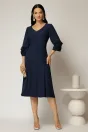 Rochie midi bleumarin din triplu voal cu trandafiri la maneci si decolteu V, 3, dyfashion.ro