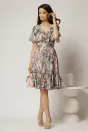 Rochie midi din voal kaki cu imprimeuri cu decolteu petrecut cu volanase si maneci scurte, 3, dyfashion.ro