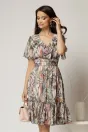 Rochie midi din voal kaki cu imprimeuri cu decolteu petrecut cu volanase si maneci scurte, 1, dyfashion.ro